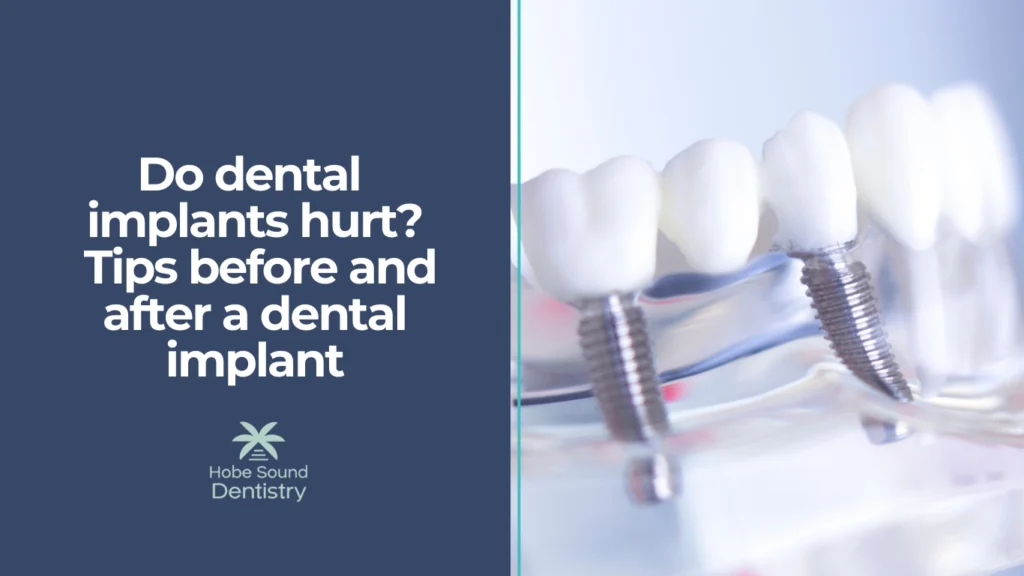 Close-up of dental implants with text about implant pain and tips.