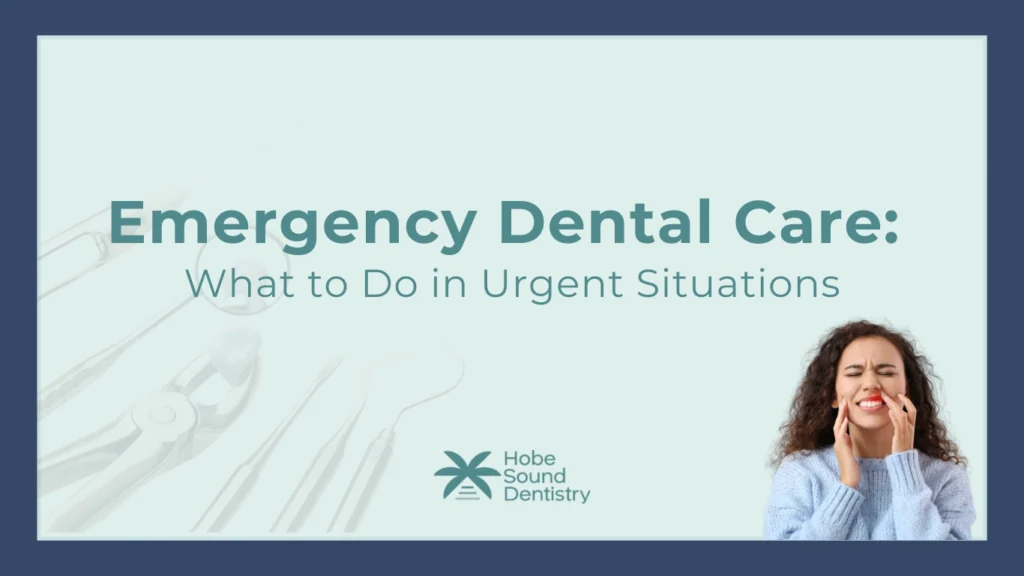 Woman with tooth pain and emergency dental care text.